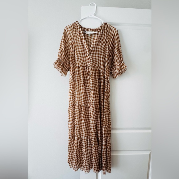 Brown Checkered Midi Dress - Picture 3 of 11
